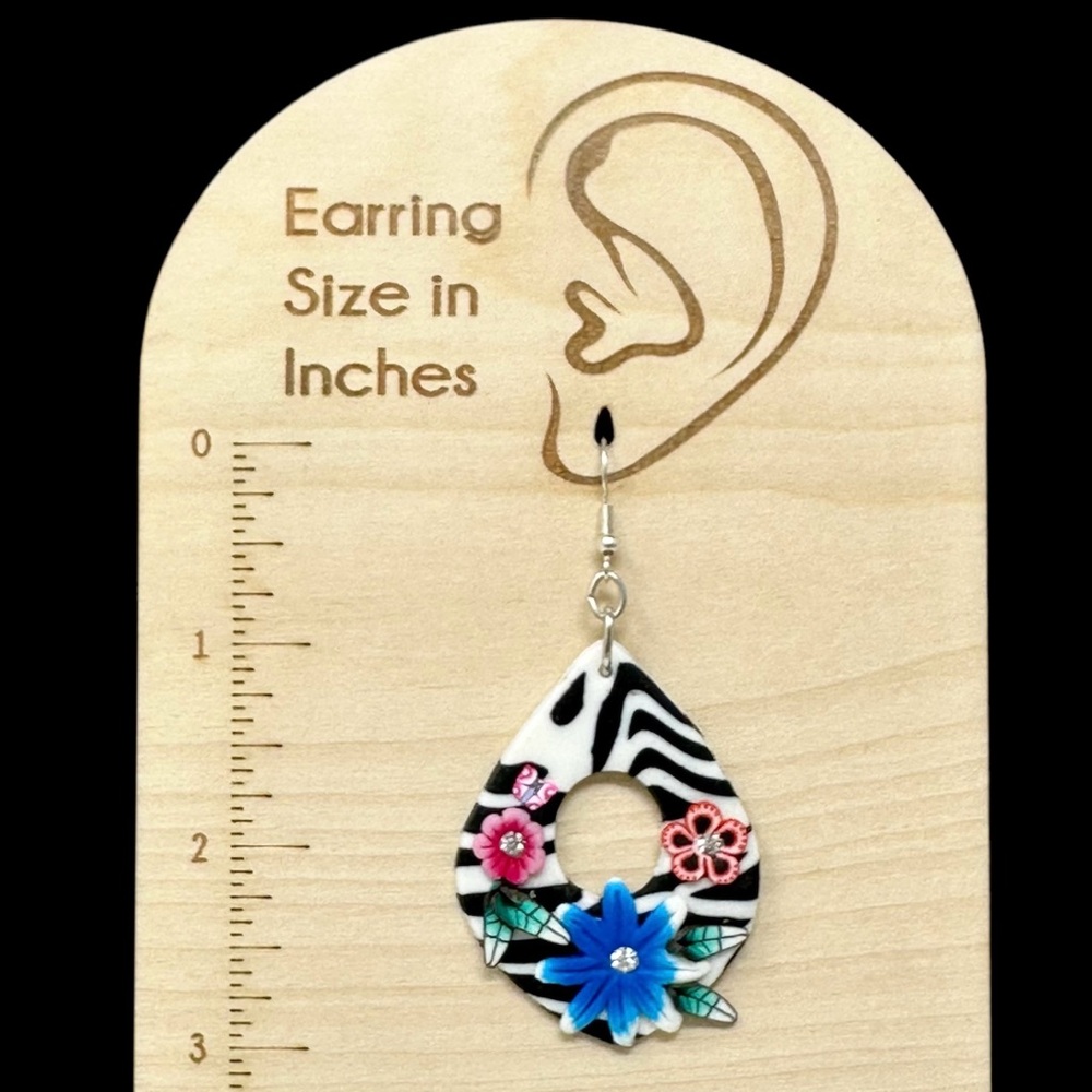Flowers & Zebra Print Fimo Polymer Clay Handmade Dangle Earrings - Picture 2 of 3